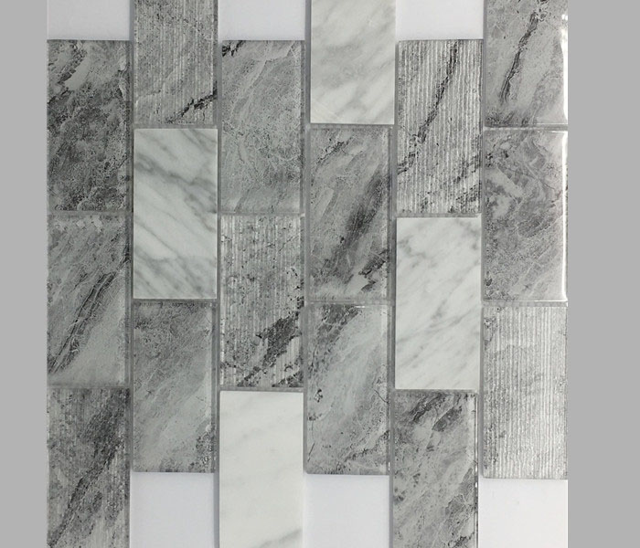 Prix ​​bon marché gris blanc cuisine Back Splash carreaux de mur Rectangle Mosaïque de verre