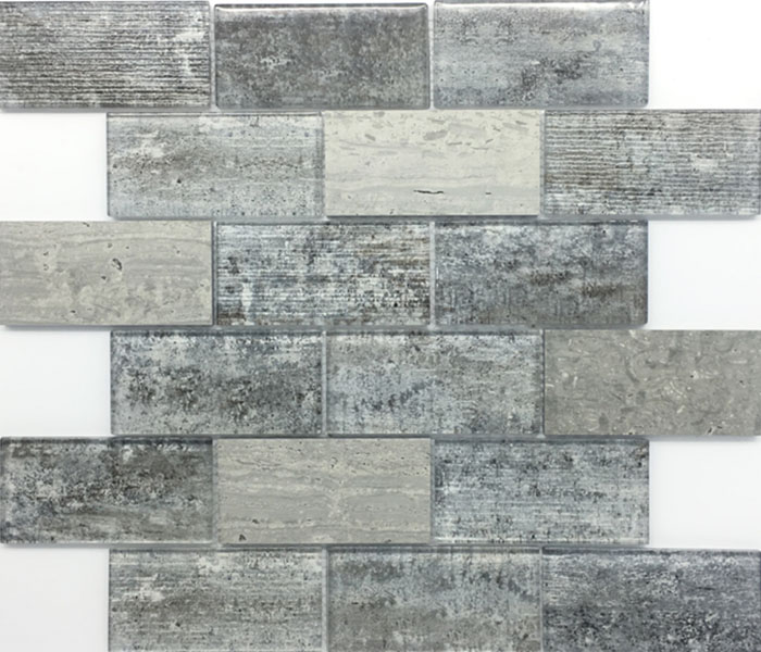 Prix ​​bon marché gris blanc cuisine Back Splash carreaux de mur Rectangle Mosaïque de verre