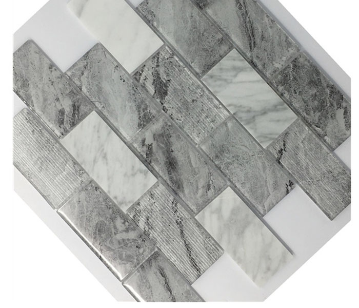 Prix ​​bon marché gris blanc cuisine Back Splash carreaux de mur Rectangle Mosaïque de verre